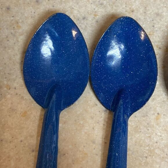 Vintage White And Blue Speckled Enamelware Spoons Four Piece - Picture 5 of 8